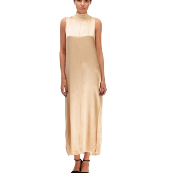 NWT Zara Light Gold Beige Satin High Neck Sleeveless Rayon Slip Maxi Dress - S - Picture 4 of 16
